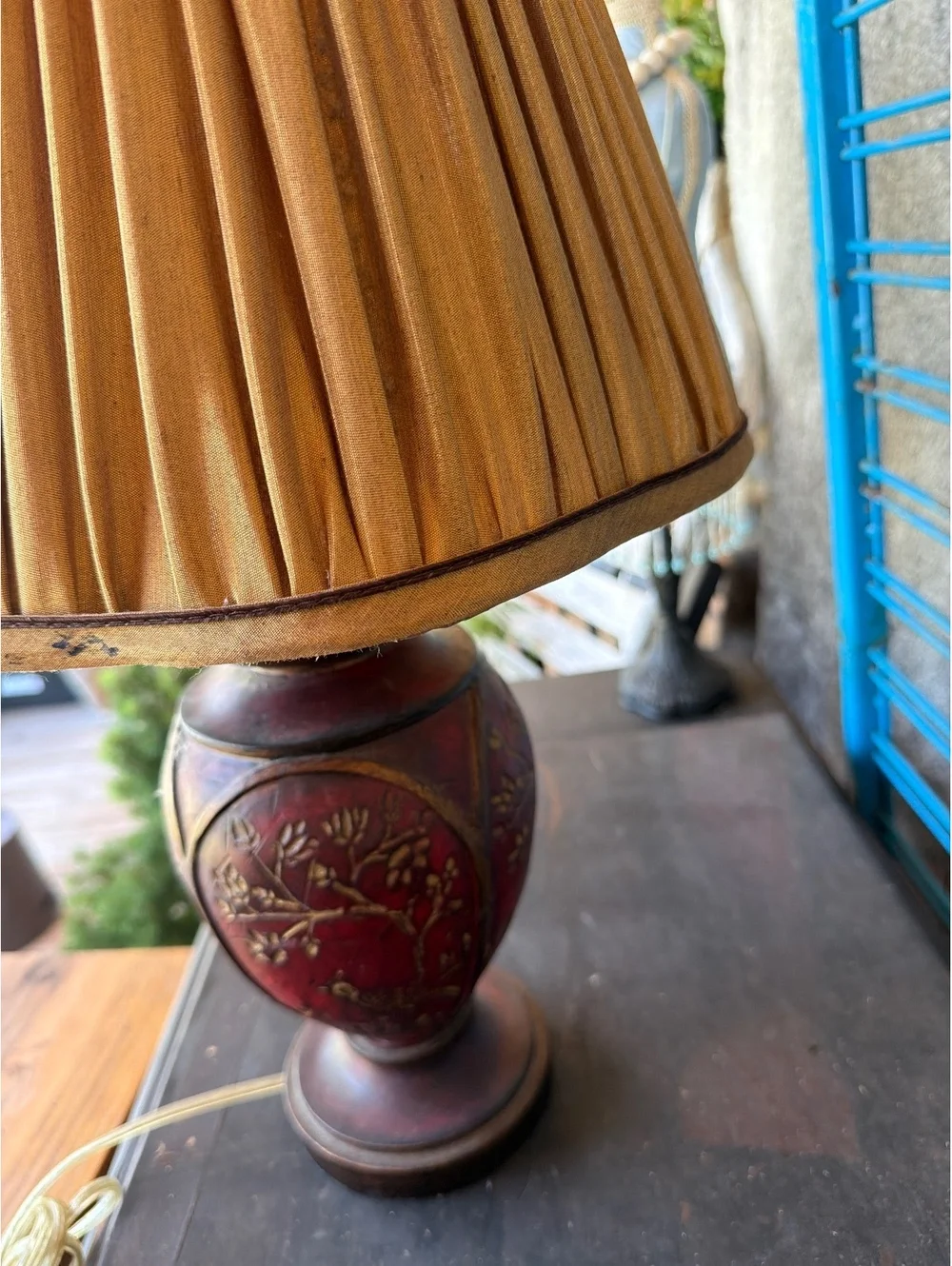 Vintage Red and Gold Ornate Table Lamp with Pleated Gold Shade